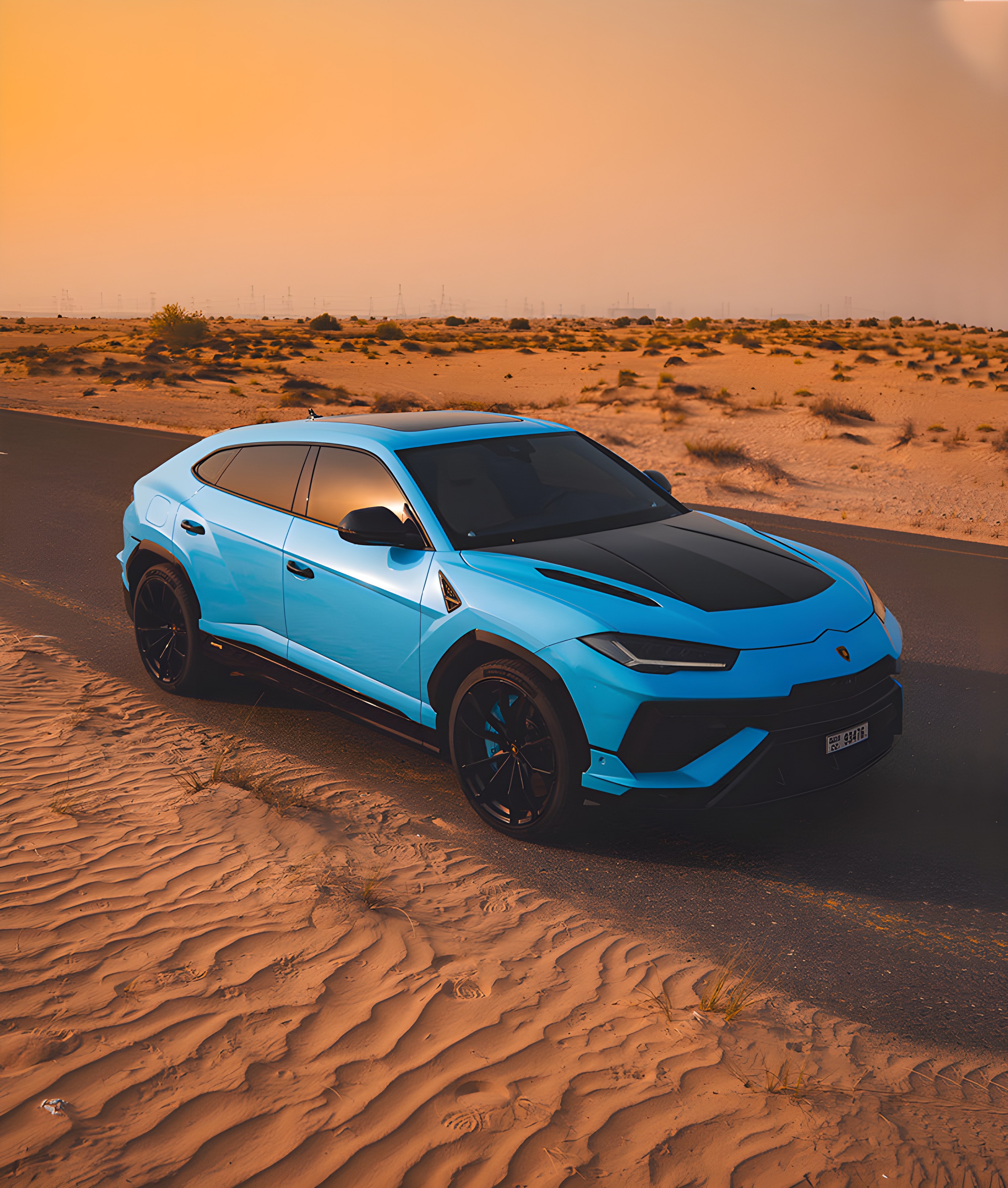 Blue Lamborghini Urus 2025 on desert sand at sunset, from the Premium Crystal fleet